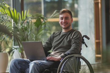 Happy disability freelance man working in the office or home. Diversity, business and work concept