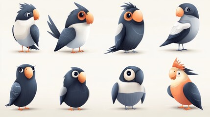 Obraz premium Cute cartoon parrots in various poses isolated on white background. Perfect for children's book illustrations or digital designs.