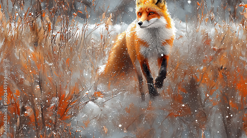 Sticker   A painting of a red fox sprinting through a snow-covered forest with a fox examining its prey