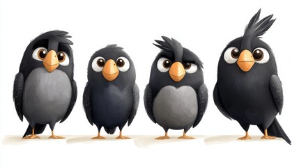 Obraz premium Four cartoon birds with grumpy expressions stand in a row. They are all black and have large eyes. The image has a whimsical style.