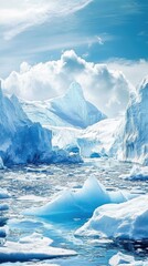 Giant icebergs floating on blue water under a cloudy sky