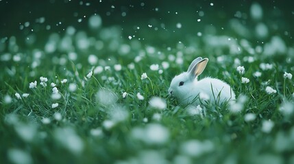   Small white rabbit in dewy grass field