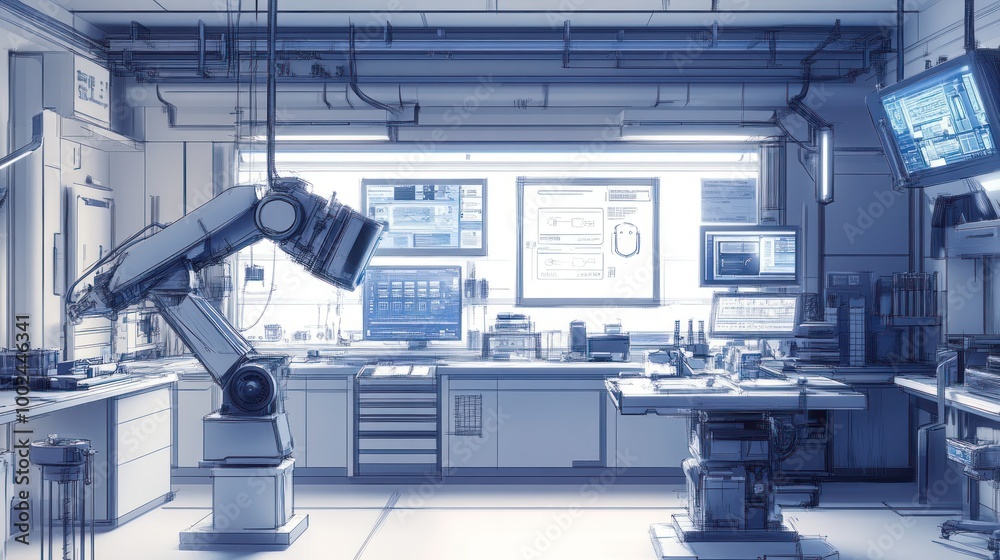 Poster A Sketchy Render of a Futuristic Laboratory with a Robotic Arm