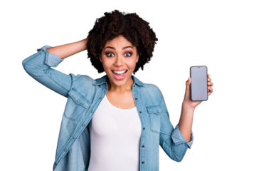 Portrait of cute funny funky teen teenager hold hand modern technology astonished impressed shout wow omg unbelievable unexpected dressed stylish jeans outfit isolated grey background