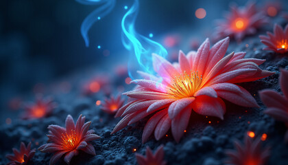 A close up of a field of red flowers with blue smoke in the background