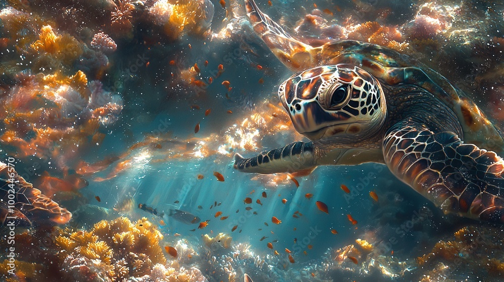 Canvas Prints   A sea turtle swimming in an ocean filled with coral reefs and diverse marine life, bathed in golden sunlight filtering through the crystal-clear waters