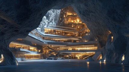 A dynamic shot of a commercial complex built underground, utilizing geothermal energy and natural insulation