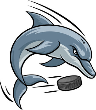recommend clip art: Dolphin animal mean tough ice hockey sports team mascot hitting a hockey puck ball