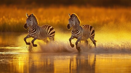 Fototapeta premium Zebras in Golden Water.