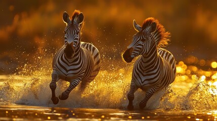 Zebras Run Golden Water.