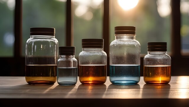 A row of different sizes glass container holding different colour liquid on a wooden table.
