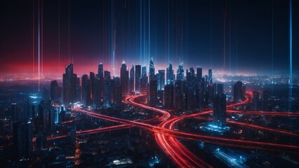 Fototapeta premium A night city surrounded by an abstract gradient blue and red glowing light trail, a smart city utilizing big data technology. 