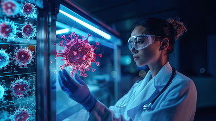 A female researcher working on a virus hologram.	