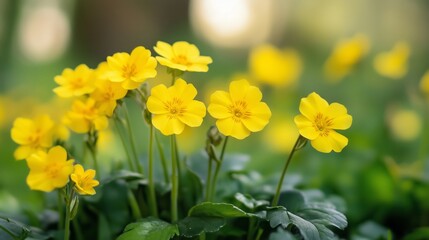 Obraz premium Bright yellow wildflowers blooming in a lush green garden during the early spring season, showcasing nature's vibrant colors