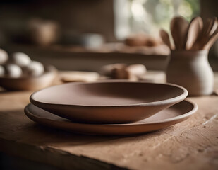 Clay plate on the table against the background of the kitchen. Dishes, interior, cooking, culinary