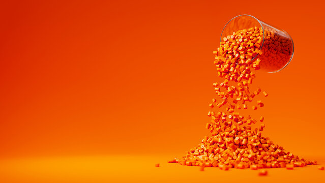 Orange plastic polypropylene granules pouring from the glass on a orange backdrop, masterbatch polymer grain pile. HDPE or PVC resin pellets. Place for text. 3d render illustration