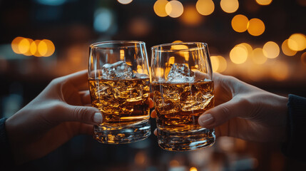 Two hands raise glasses filled with whiskey on the rocks, illuminated by soft, warm lights in a vibrant bar atmosphere