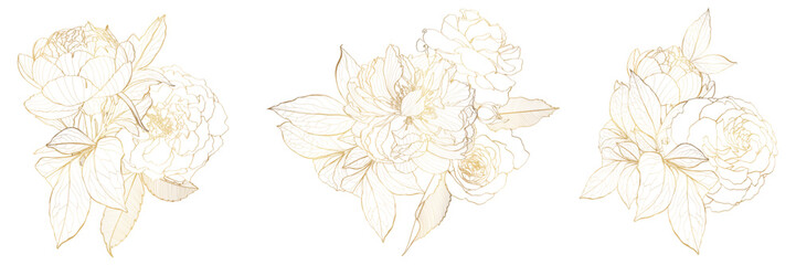 Decorative garden flowers, design elements. Can be used for cards, invitations, banners, posters, print design. Golden floral background in line art style. Peony and roses bouquet.