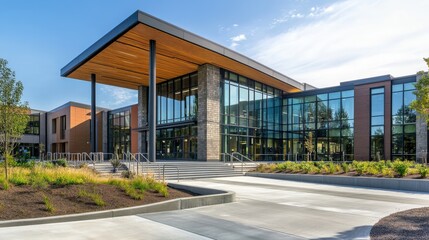 A modern building designed with ramps, wide doorways, and accessible features, ensuring inclusivity for all