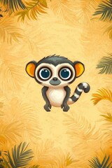 Adorable Cartoon Lemur with Big Eyes on a Yellow Background