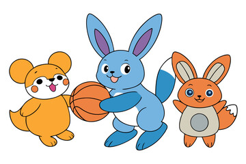 Rabbit Playing Basketball with a Group of Friends Clipart Vector Illustration