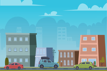 city outdoor. urban landscape background with houses and cars driving on road