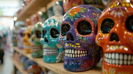 Fototapeta premium Close-up of a collection of Day of the Dead sugar skulls, each uniquely designed and beautifully displayed