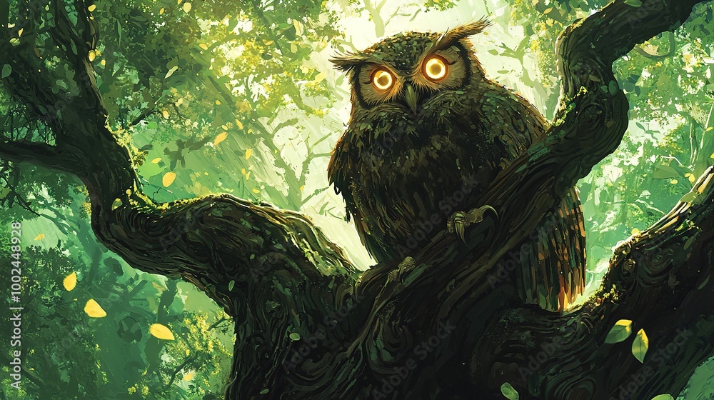 Wall mural  A glowing-eyed owl perches atop a leafy forest branch