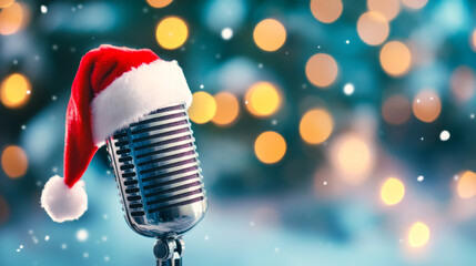 A vintage microphone adorned with a Santa hat against a backdrop of festive bokeh lights