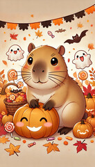 Cute Capybara Celebrating Halloween with Pumpkins and Ghosts