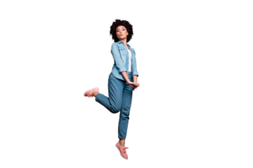 Full length side profile body size photo beautiful she her dark skin lady jump high arms hands together coquettish send air kiss boyfriend wear casual jeans denim shirt isolated grey background