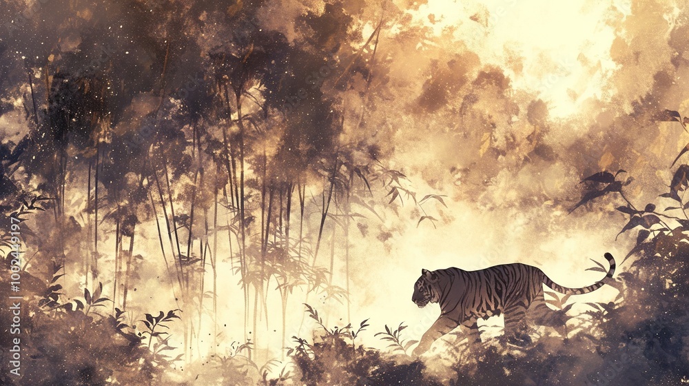 Sticker  Tiger in a tall grass & bamboo-filled forest under a yellow sky