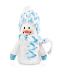 toy snowman made of fur in a blue hat with a scarf is highlighted on a white background