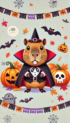 Cute Capybara Celebrating Halloween with Pumpkins and Ghosts
