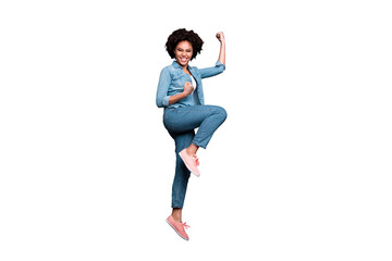 Full length side profile body size photo beautiful she her dark skin lady arms hands raised up air...