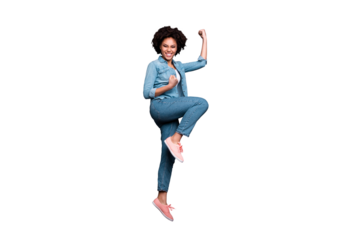 Full length side profile body size photo beautiful she her dark skin lady arms hands raised up air triumphant glory luck yeah scream shout yell wear casual jeans denim shirt isolated grey background