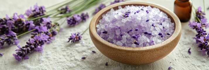Spa Still Life. Lavandula and Salt Bath Essentials in White Beauty Background