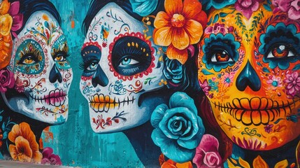 Naklejka premium Close-up of a mural depicting Day of the Dead themes, showcasing vibrant colors and intricate designs