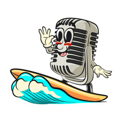 vintage microphone cartoon character mascot retro vector design surfing happily, work of hand drawn