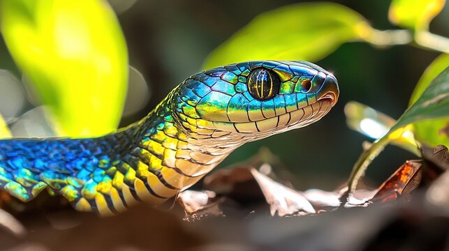   Blue and yellow snake on leafy branch with green leaves in foreground