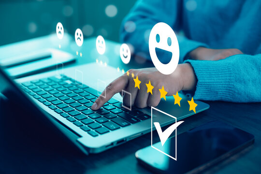 Man touch smartphone with Customer review satisfaction feedback survey concept, User give rating to service experience on online application, service leading to reputation ranking of business.