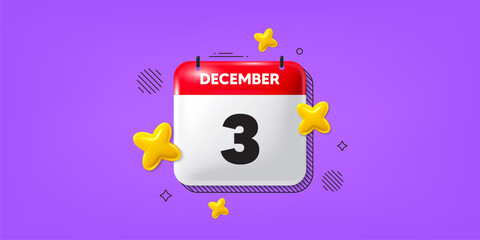 Calendar date of December 3d icon. 3rd day of the month icon. Event schedule date. Meeting appointment time. 3rd day of December. Calendar month date banner. Day or Monthly page. Vector