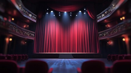 Elegant theater stage with red curtains and bright lights, ready for an exciting performance, capturing the essence of live art.