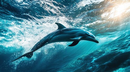 Fototapeta premium Dolphin swimming in ocean with sun on back and head above water