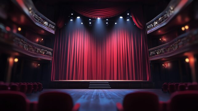 Elegant theater stage with red curtains and bright lights, ready for an exciting performance, capturing the essence of live art.