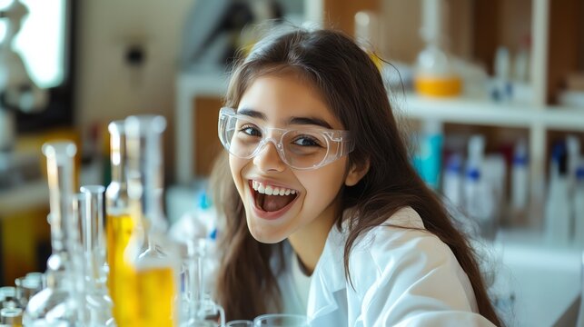 A cheerful scientist in a lab coat smiles enthusiastically in a laboratory filled with colorful liquids and glassware.