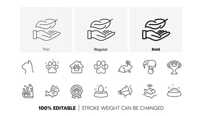 Pets care, Dog competition and Water bowl line icons. Pack of Pet shampoo, Fish, Elephant on ball icon. Dog paw, Pet shelter, Lightweight pictogram. Winner cup, Fishfinder, Animal tested. Vector