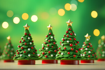 Fototapeta premium Colorful miniature Christmas trees with decorations set against a festive bokeh background