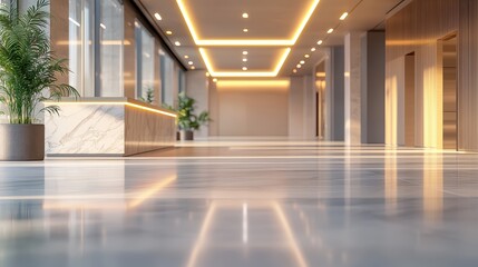 Fototapeta premium Elegant Corporate Lobby with Modern Reception Area and Striking Light Installation in Soft Blur Background