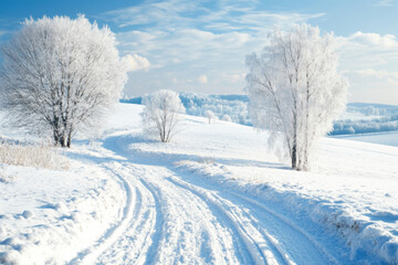 Obraz premium Snow-covered landscape with frosted trees and winding path on a sunny winter day